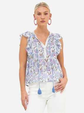 Oliphant Blue Floral Ruffle Tassel V-Neck Blouse